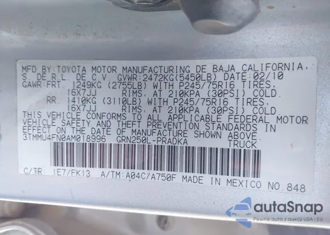 2010 Toyota Tacoma Base V6 z USA, uszkodzony, nr VIN 3TMMU4FN0AM018996